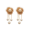 Faux Pearl Pom Pom Tassel Drop Earrings With Silver Pin, Simple Round Geometric Light Luxury Style view 5