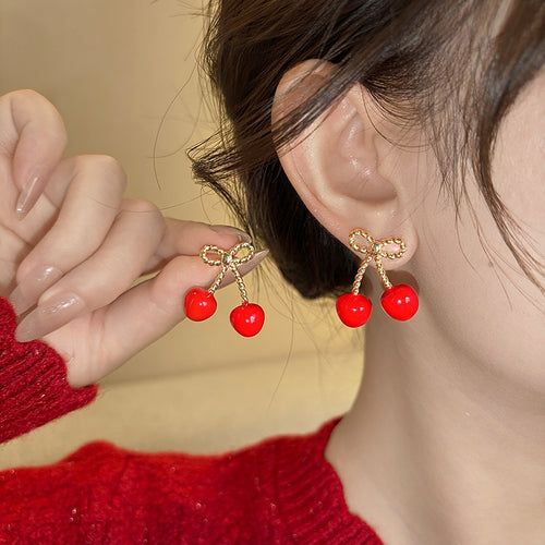 Resin Bow Cherry Stud Earrings Sterling Silver Pin Fashion OL Light Luxury Jewelry