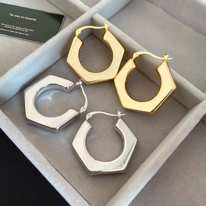 Minimalist Iron Hexagon Geometric Smooth Metal Hoop Earrings For Daily Fashion