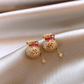 Copper Lucky Bag Tassel Drop Earrings New Chinese Retro Light Luxury Silver Needle Jewelry view 1