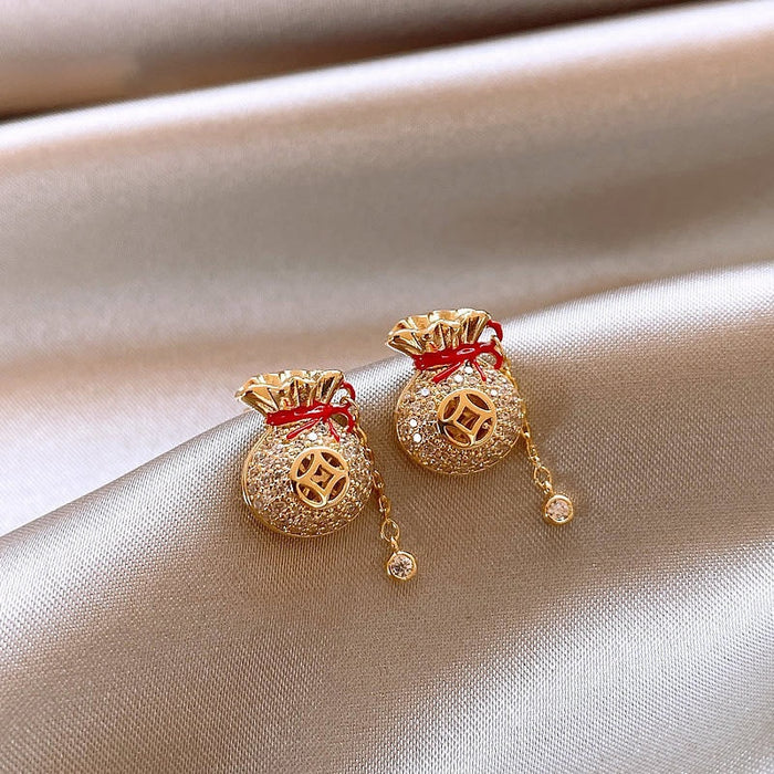 Copper Lucky Bag Tassel Drop Earrings New Chinese Retro Light Luxury Silver Needle Jewelry
