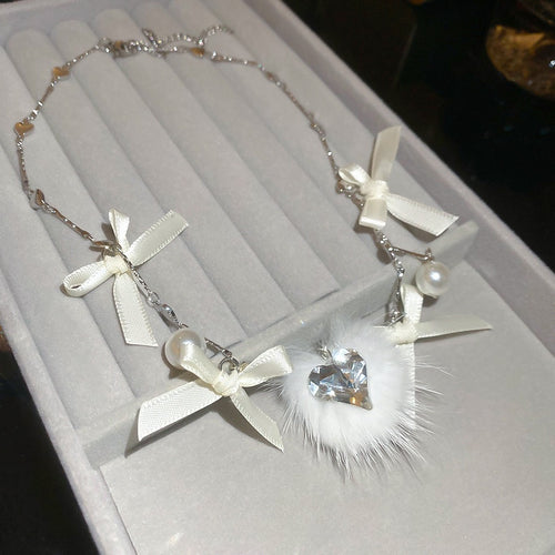 Light Luxury Faux Pearl Ribbon Bow Pom Pom Choker Necklace For Women