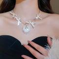 Light Luxury Faux Pearl Ribbon Bow Pom Pom Choker Necklace For Women view 1