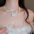 Light Luxury Faux Pearl Ribbon Bow Pom Pom Choker Necklace For Women view 3