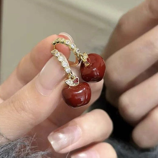 Gold Plated Copper Zircon Enamel Apple Stud Earrings For Women Retro Light Luxury Style