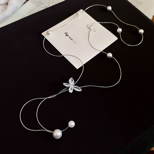 Korean Style Zircon Butterfly Faux Pearl Necklace Elegant Light Luxury Clavicle Chain
