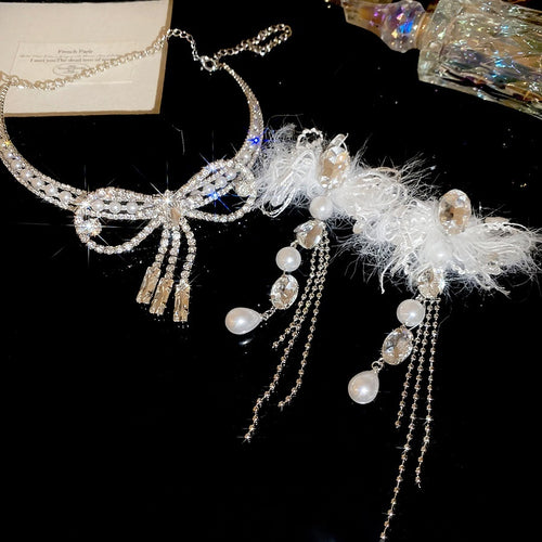 Rhinestone Bow Tassel Faux Pearl Necklace Earrings Jewelry Set Light Luxury Fashion