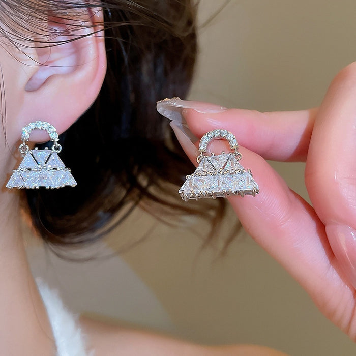 Light Luxury Copper Triangle Zircon Drop Earrings For Women Geometric Minimalist Style