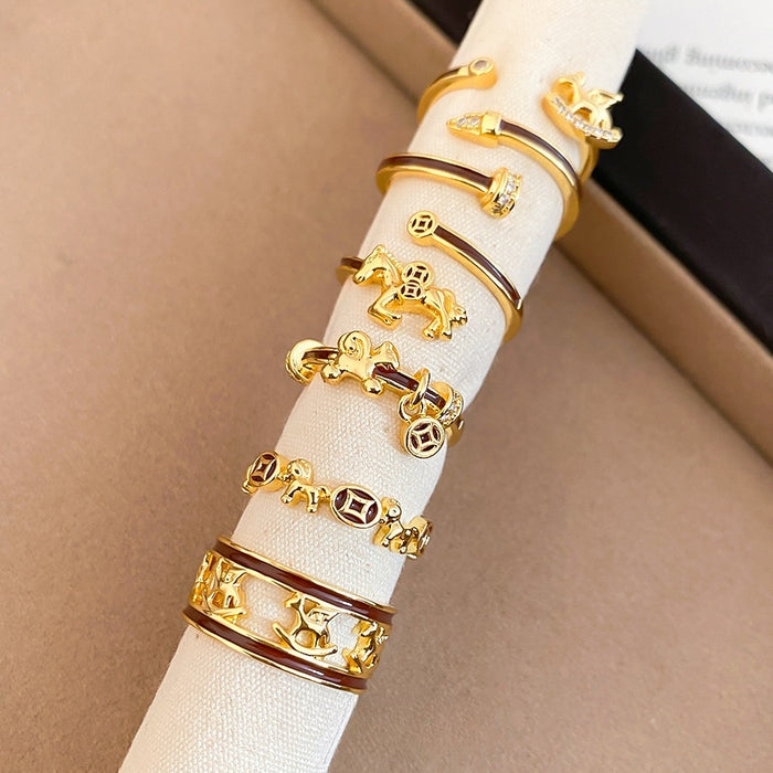 Gold Plated Copper Enamel Horse Open Ring Vintage Geometric Round Statement Ring For Women