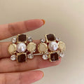 European Vintage Faux Pearl Flower Stud Earrings With Rhinestone Enamel Silver Needle view 3