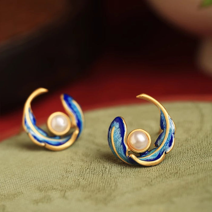 Chinese Style Oil Painted Feather Stud Earrings For Women, Faux Pearl Palace Enamel Jewelry