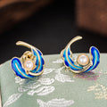 Chinese Style Oil Painted Feather Stud Earrings For Women, Faux Pearl Palace Enamel Jewelry view 2