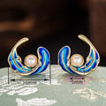 Chinese Style Oil Painted Feather Stud Earrings For Women, Faux Pearl Palace Enamel Jewelry view 4