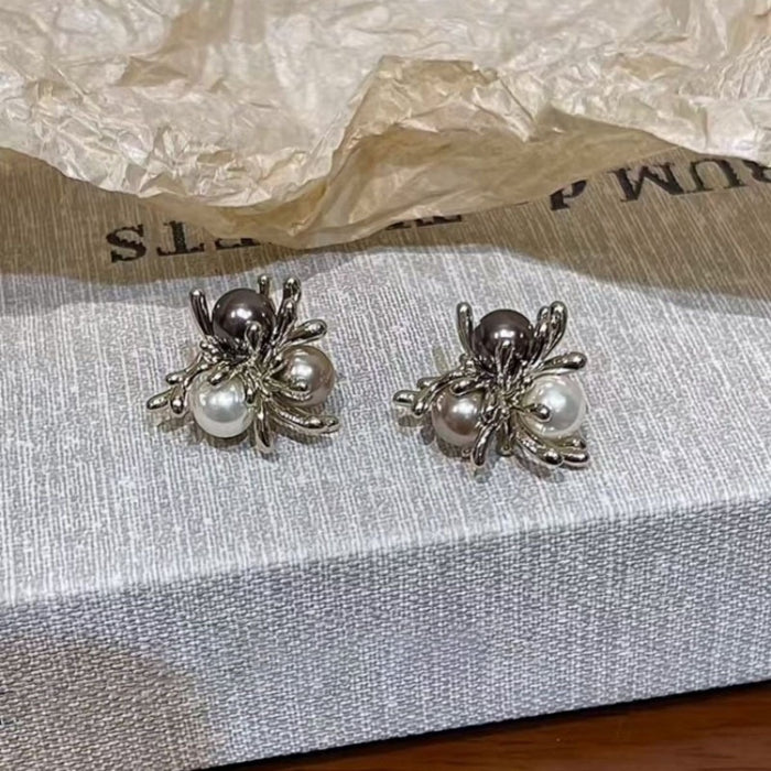 Faux Pearl Flower Stud Earrings, Hong Kong Retro Light Luxury Geometric Round OL Style