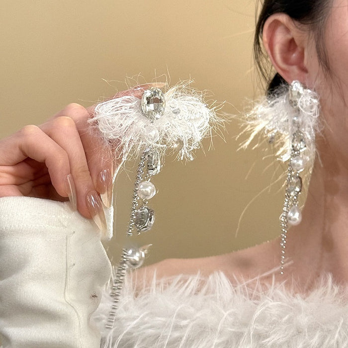 Chic Geometric Faux Pearl Rhinestone Yarn Tassel Drop Earrings With Silver Posts