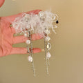 Chic Geometric Faux Pearl Rhinestone Yarn Tassel Drop Earrings With Silver Posts view 4