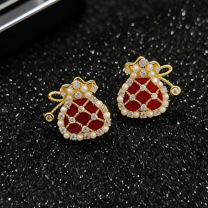 Gold Plated Silver Needle Faux Pearl Zircon Lucky Bag Geometric Stud Earrings Light Luxury