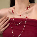 Light Luxury Faux Pearl Crystal Beaded Layered Sweater Necklace, Vintage Geometric Round Choker view 1