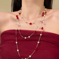 Light Luxury Faux Pearl Crystal Beaded Layered Sweater Necklace, Vintage Geometric Round Choker view 3