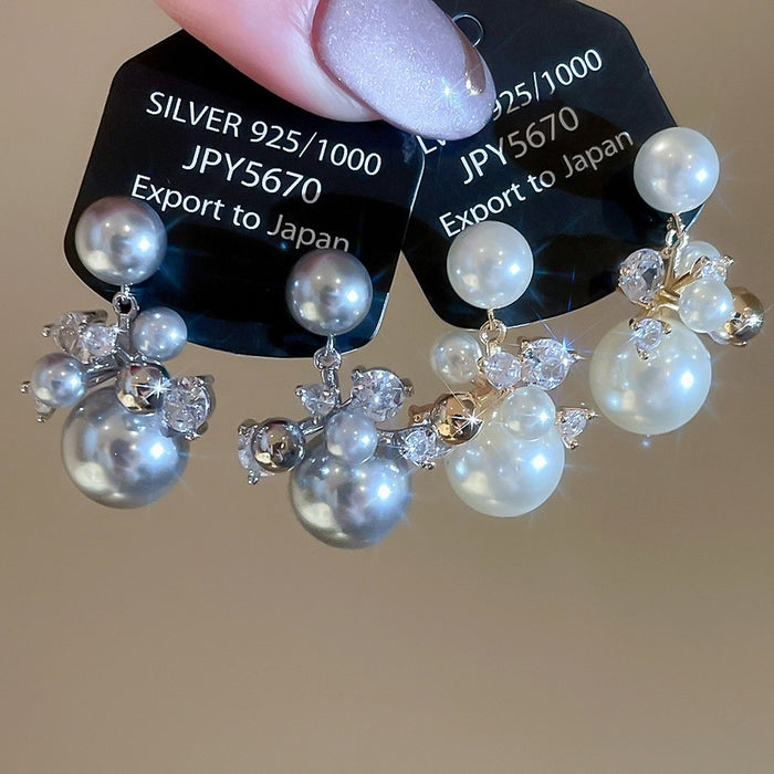 14K Gold Plated Silver Needle Zircon Faux Pearl Geometric Stud Earrings For Women