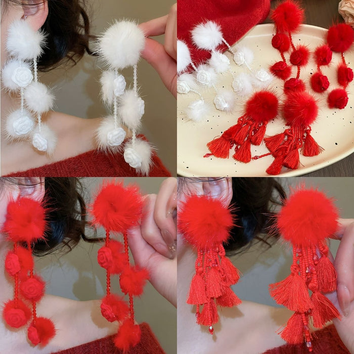 Light Luxury Faux Crystal Tassel Drop Earrings With Silver Needle Pompom Geometric Design