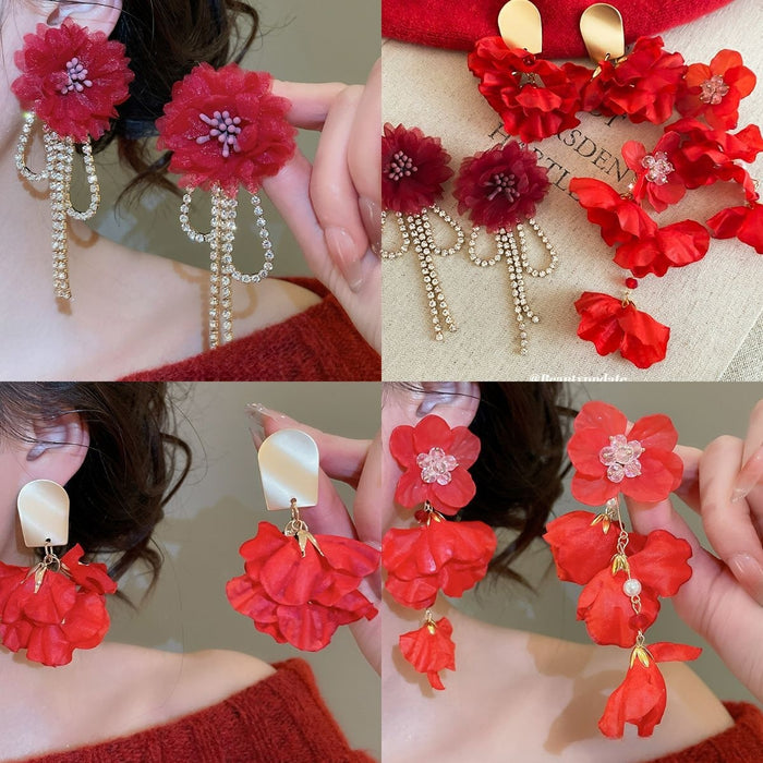 Crystal Flower Tassel Drop Earrings With Silver Posts, Rhinestone Vintage OL Style