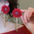 Crystal Flower Tassel Drop Earrings With Silver Posts, Rhinestone Vintage OL Style view 4