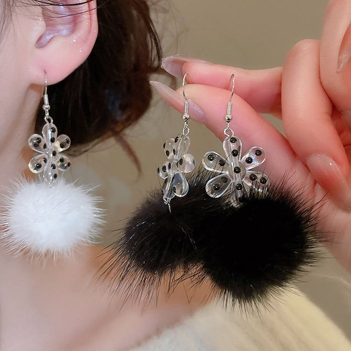 Acrylic Snowflake Plush Pom Pom Drop Earrings, Fashion OL Floral Winter Ear Hooks
