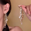 Gold Plated Copper Zircon Teardrop Tassel Drop Earrings With Silver Pins Vintage Luxe Style view 1