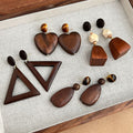 Vintage Bohemian Wooden Geometric Heart Triangle Tiger Eye Bead Statement Dangle Drop Earrings view 2