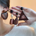 Vintage Bohemian Wooden Geometric Heart Triangle Tiger Eye Bead Statement Dangle Drop Earrings view 1
