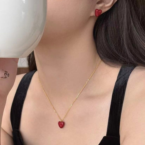 Old Money Style Copper Zircon Heart Stud Earrings Necklace Jewelry Set