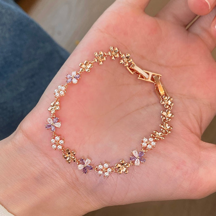 French Style Zircon Flower Faux Pearl Clasp Bangle, Light Luxury Daily Commuter Jewelry