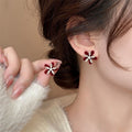 Red Velvet Flower Zircon Faux Pearl Stud Earrings For Women Vintage Light Luxury OL Style view 2