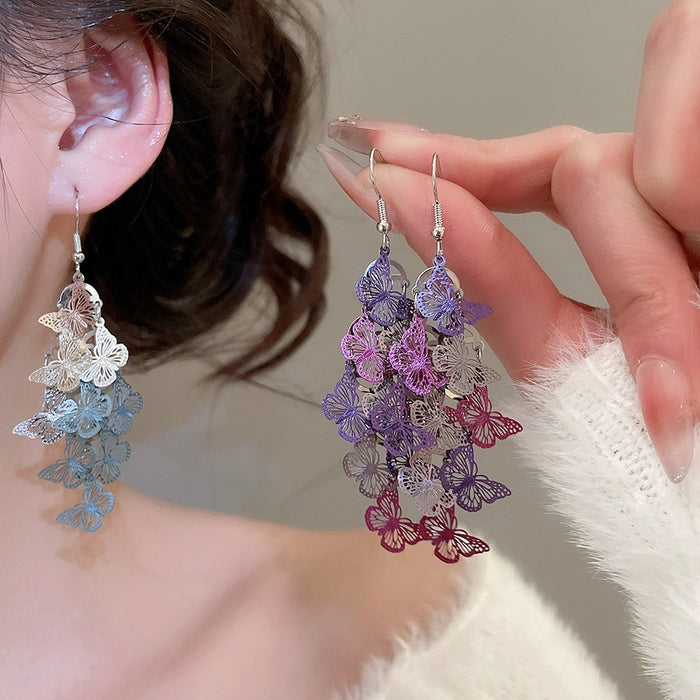 Light Luxury Hollow Butterfly Tassel Iron Drop Earrings For Women Elegant Sweet Style
