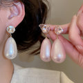 French Vintage Water Drop Faux Pearl Stud Earrings With Rhinestone Silver Needle Design view 2