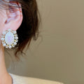 Oval Faux Pearl Stud Earrings With Rhinestone Accents, Vintage Light Luxury Geometric Style view 3
