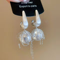 French Vintage Chic Square Bow Faux Pearl Silver Needle Stud Earrings view 2
