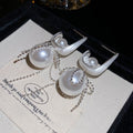 French Vintage Chic Square Bow Faux Pearl Silver Needle Stud Earrings view 4
