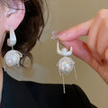 French Vintage Chic Square Bow Faux Pearl Silver Needle Stud Earrings view 1