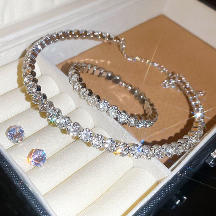 Copper Round Rhinestone Stud Earrings Bracelet Necklace Jewelry Set, Minimalist Light Luxury Design for Women