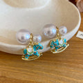 Light Luxury Faux Pearl Horse Zodiac Silver Needle Drop Earrings With Enamel Detail view 4