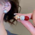 French Vintage Faux Pearl Round Stud Earrings Jewelry Set, Elegant Light Luxury Geometric Ear Jewelry view 2