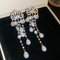 Faux Pearl Teardrop Drop Earrings With Rhinestone Lotus Studs, Elegant Court Style Jewelry view 2