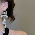 Faux Pearl Teardrop Drop Earrings With Rhinestone Lotus Studs, Elegant Court Style Jewelry view 3