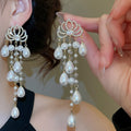 Faux Pearl Teardrop Drop Earrings With Rhinestone Lotus Studs, Elegant Court Style Jewelry view 1