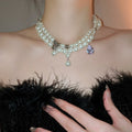 French Vintage Faux Pearl Zircon Crystal Waterdrop Beaded Choker Necklace view 3