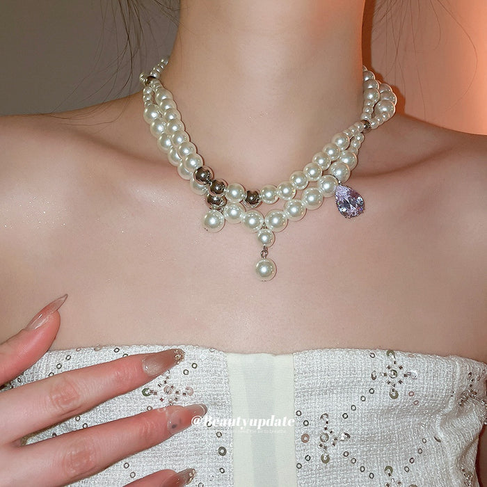 French Vintage Faux Pearl Zircon Crystal Waterdrop Beaded Choker Necklace