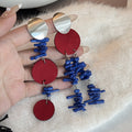 Ethnic Klein Blue Acrylic Bead Tassel Red Round Disc Alloy Silver Needle Statement Earrings view 4