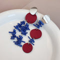 Ethnic Klein Blue Acrylic Bead Tassel Red Round Disc Alloy Silver Needle Statement Earrings view 2